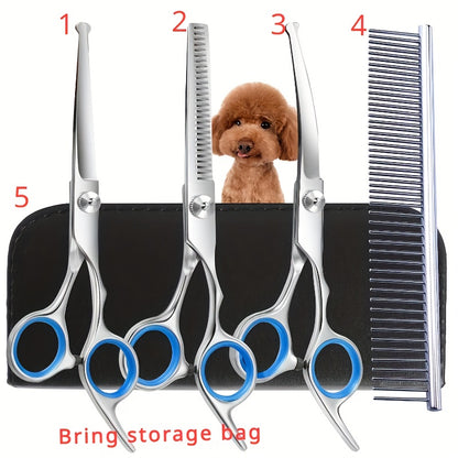 Professional Pet Grooming Scissors Set - Includes 1 x 6.5-inch Thinning Shears, 1 x 6.5-inch Curved Shears, 1 x 6.5-inch Straight Shears, 1 Pet Comb, 1 Cleaning Cloth, and 1 Black Case