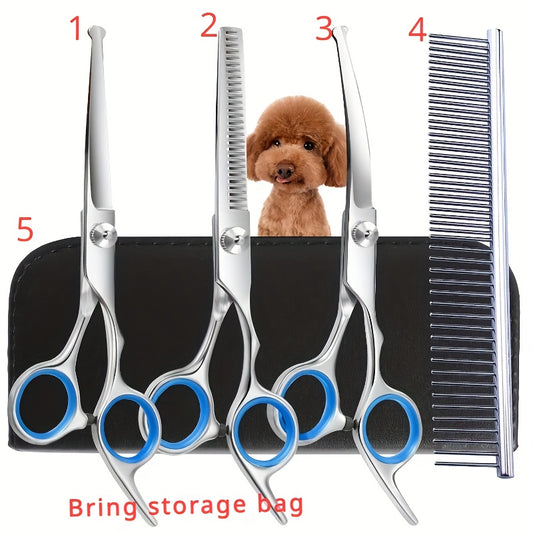 Professional Pet Grooming Scissors Set - Includes 1 x 6.5-inch Thinning Shears, 1 x 6.5-inch Curved Shears, 1 x 6.5-inch Straight Shears, 1 Pet Comb, 1 Cleaning Cloth, and 1 Black Case