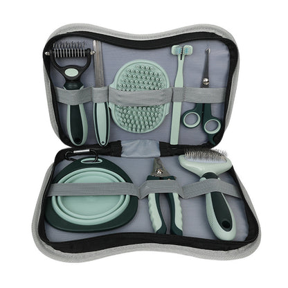 [8pcs Pet Grooming Kit] 8pcs LDECO Pet Grooming Kit for Dogs, Plastic Grooming Set, with Self-Cleaning Dematting Brush, Scissors, Comb, Nail Clippers, Foldable Bowl, Bath & Tooth Brushes, for Uncharged Pet Care Tools