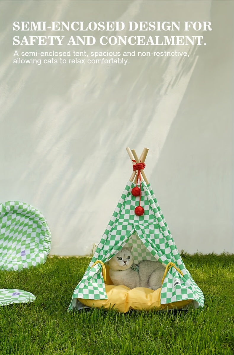 Zeze Cute Pet Tent Pet House Cat Nest Semi-closed Detachable Washable Mat Cat Bed Four Seasons Universal Cat Bed With Checkerboard Pattern