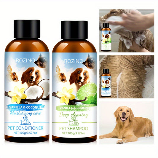 ROZINO 4pcs Pet Care Set: Natural Oral Health & Freshness - Deodorant Spray, Tooth Powder, Shampoo & Conditioner - Mild, Non-Irritating Plastic Material for Dogs & Cats