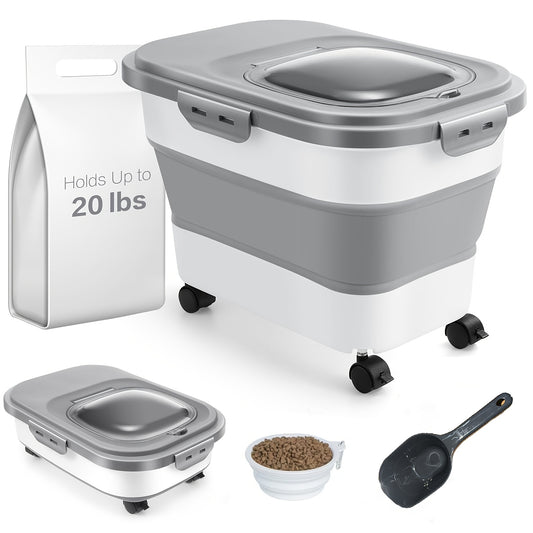 [Collapsible Pet Food Container Wheels] 20lbs Collapsible Dog Food Storage Container with Airtight Lid, Wheels, Scoop - Rectangular PP Pet Treat Container for Dry Food, Suitable for Dogs, Cats & Small Pets, Pet Snacks, Other