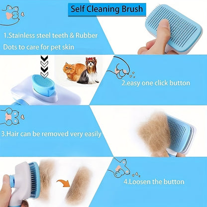 1pc Easy-Clean Dog & Cat Grooming Brush with One-Click Hair Removal, Plastic Handle & Gentle Massage Comb for Loose Fur - Detangling for All Pets, Dog Grooming Tools, Pet Care Accessory, Ergonomic Pet Accessory, Durable Pet P