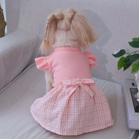 1pc Adorable Dog Pastoral Plaid Dress with Bow Bud & Flying Sleeves - Fashion Pet Skirt for Cats and Dogs - All Seasons Comfortable Clothing