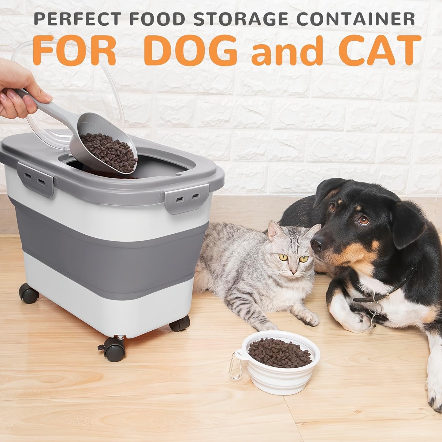 [Collapsible Pet Food Container Wheels] 20lbs Collapsible Dog Food Storage Container with Airtight Lid, Wheels, Scoop - Rectangular PP Pet Treat Container for Dry Food, Suitable for Dogs, Cats & Small Pets, Pet Snacks, Other