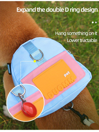 Colorful Nylon Pet Harness with Leash & Backpack - Cartoon School Bag Design for Dogs, Machine Washable, Ideal for Outdoor Adventures