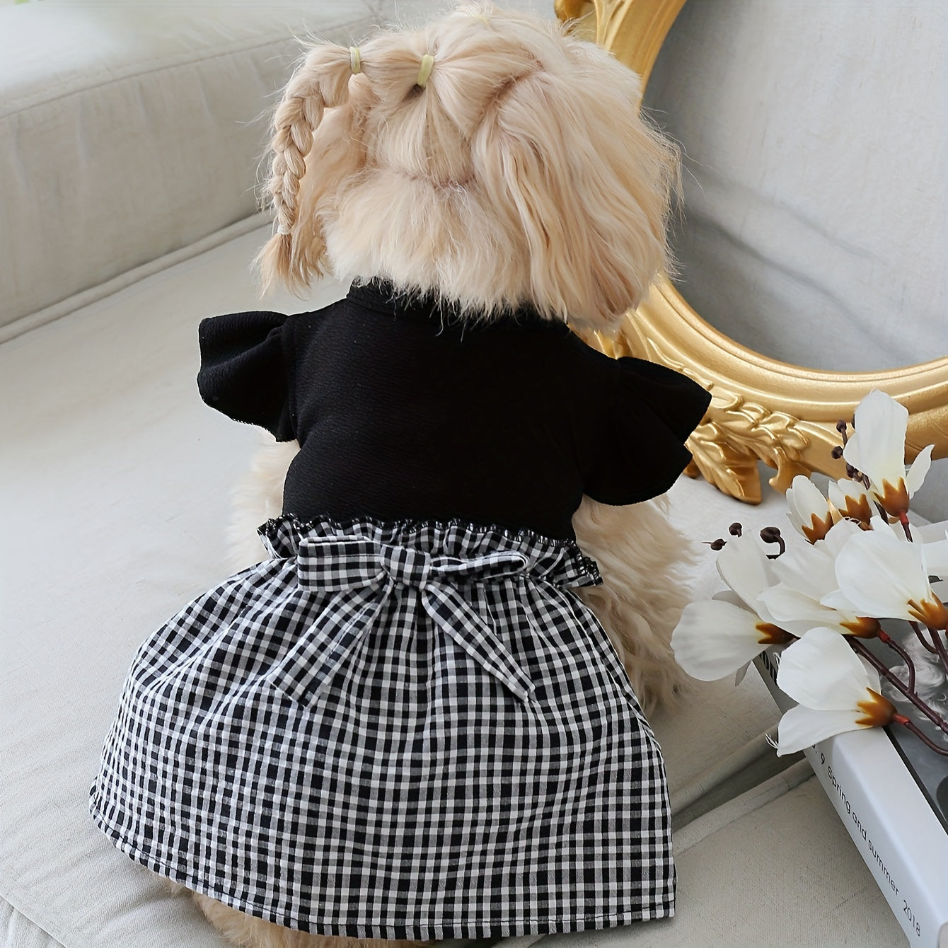 1pc Adorable Dog Pastoral Plaid Dress with Bow Bud & Flying Sleeves - Fashion Pet Skirt for Cats and Dogs - All Seasons Comfortable Clothing