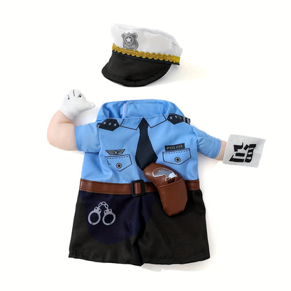 Adorable Small Breed Pet Policeman Costume - Polyester Knit Fabric, Cool Outfit with Hat for Christmas Halloween Party, Fun Cat Clothes for Small Dogs and Cats