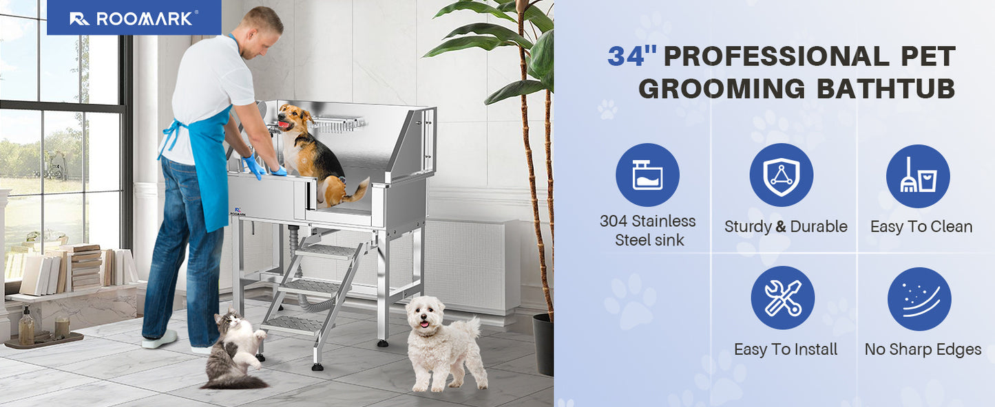 34" Stainless Steel Dog Washing Station with Sliding Door, Steps, Faucet & Sprayer – Easy-Access Bathtub for Small to Medium Pets, Max 110LB Capacity, Right Door Entry, Durable & Easy to Clean, Home Pet Care | Sliding Door