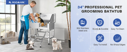 34" Stainless Steel Dog Washing Station with Sliding Door, Steps, Faucet & Sprayer – Easy-Access Bathtub for Small to Medium Pets, Max 110LB Capacity, Right Door Entry, Durable & Easy to Clean, Home Pet Care | Sliding Door