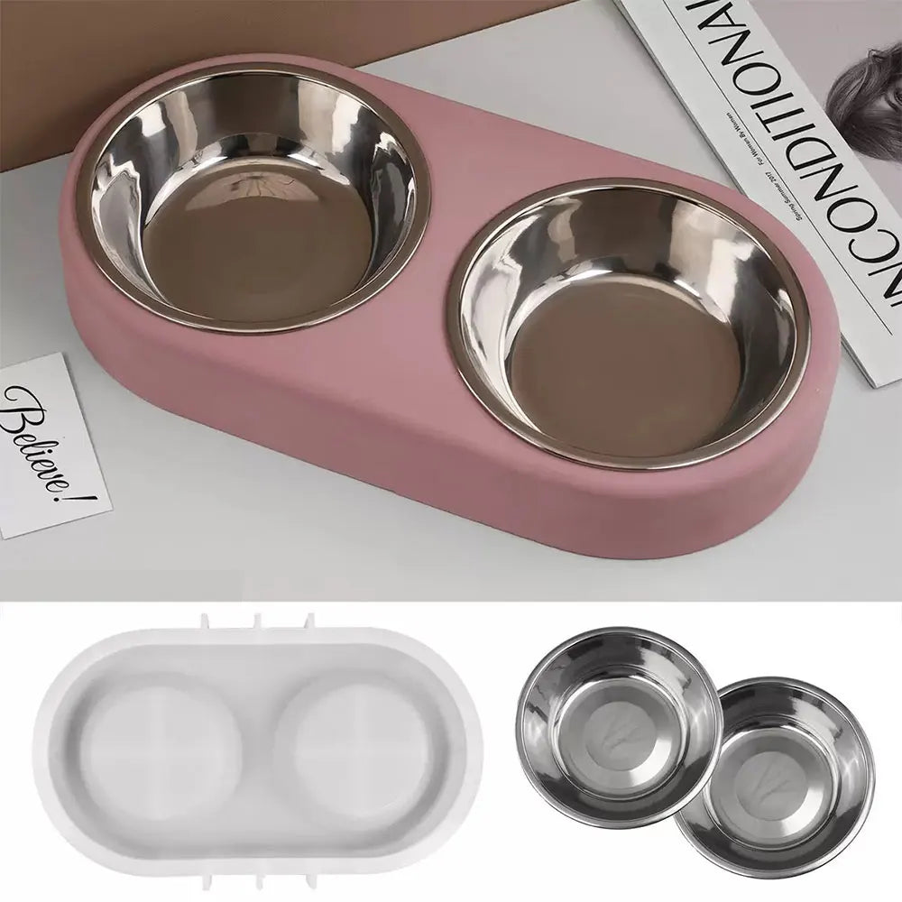 Pets Snack Bowls Silicone Mold Kit DIY Cat Food Dog Food Storage Pallet Resin Concrete Mold with Stainless Steel Disc