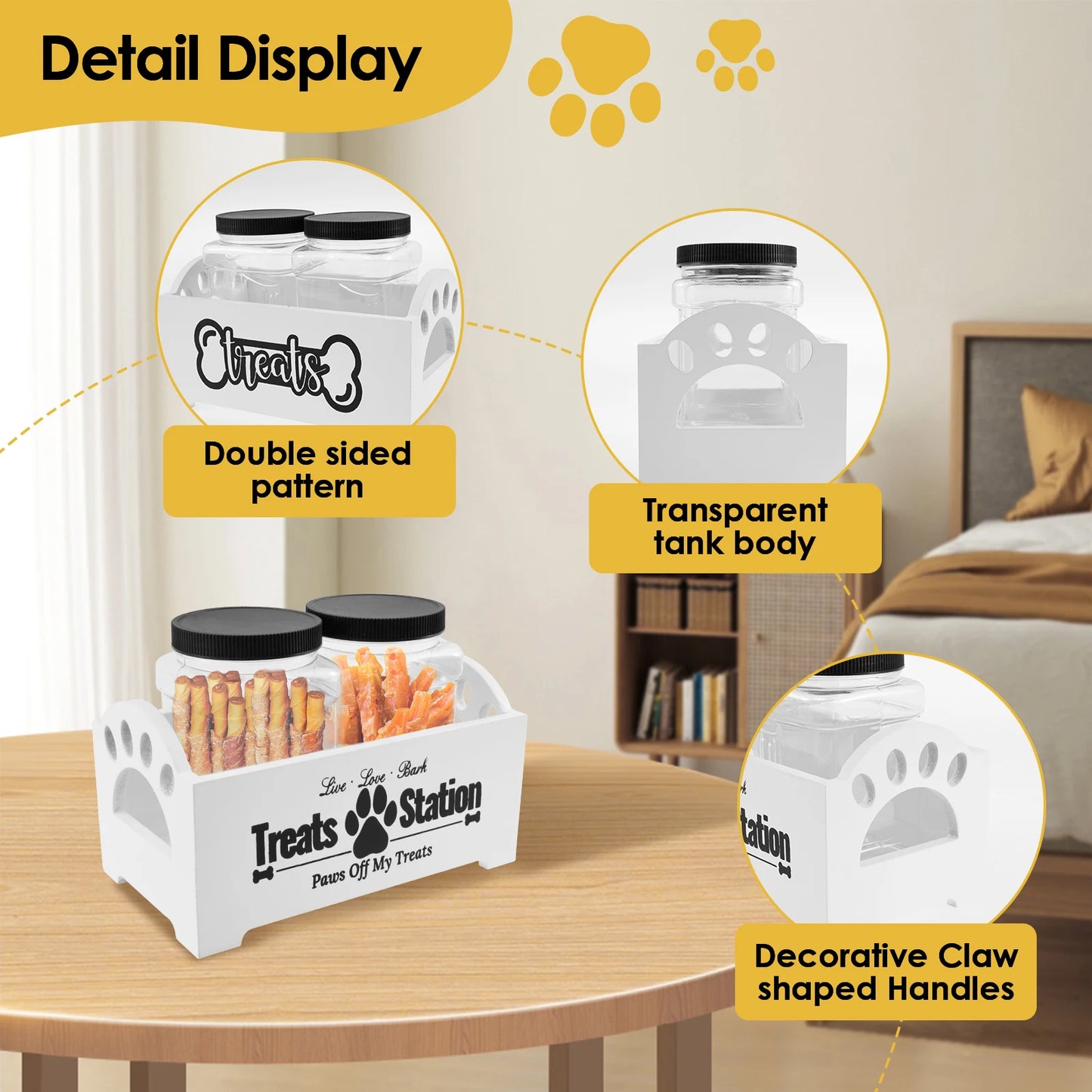 Wood Pet Food Storage Container with 2 Plastic storage Jars Large Capacity Pet Snack Storage Organizer For Dog Cookie Cat Treats