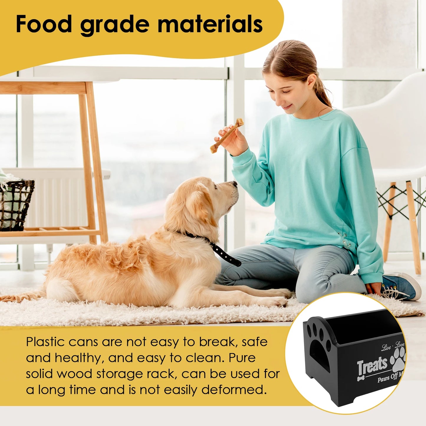 Wood Pet Food Storage Container with 2 Plastic storage Jars Large Capacity Pet Snack Storage Organizer For Dog Cookie Cat Treats