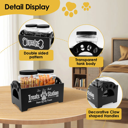 Wood Pet Food Storage Container with 2 Plastic storage Jars Large Capacity Pet Snack Storage Organizer For Dog Cookie Cat Treats