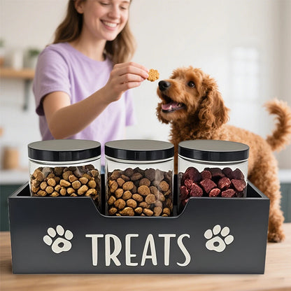 Pet Food Storage Container With Wood Holder And 3 Sealed Plastic Containers Pet Snack Storage Organizer For Dog Cat Storage
