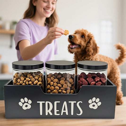 Pet Food Storage Container With Wood Holder And 3 Sealed Plastic Containers Pet Snack Storage Organizer For Dog Cat Storage