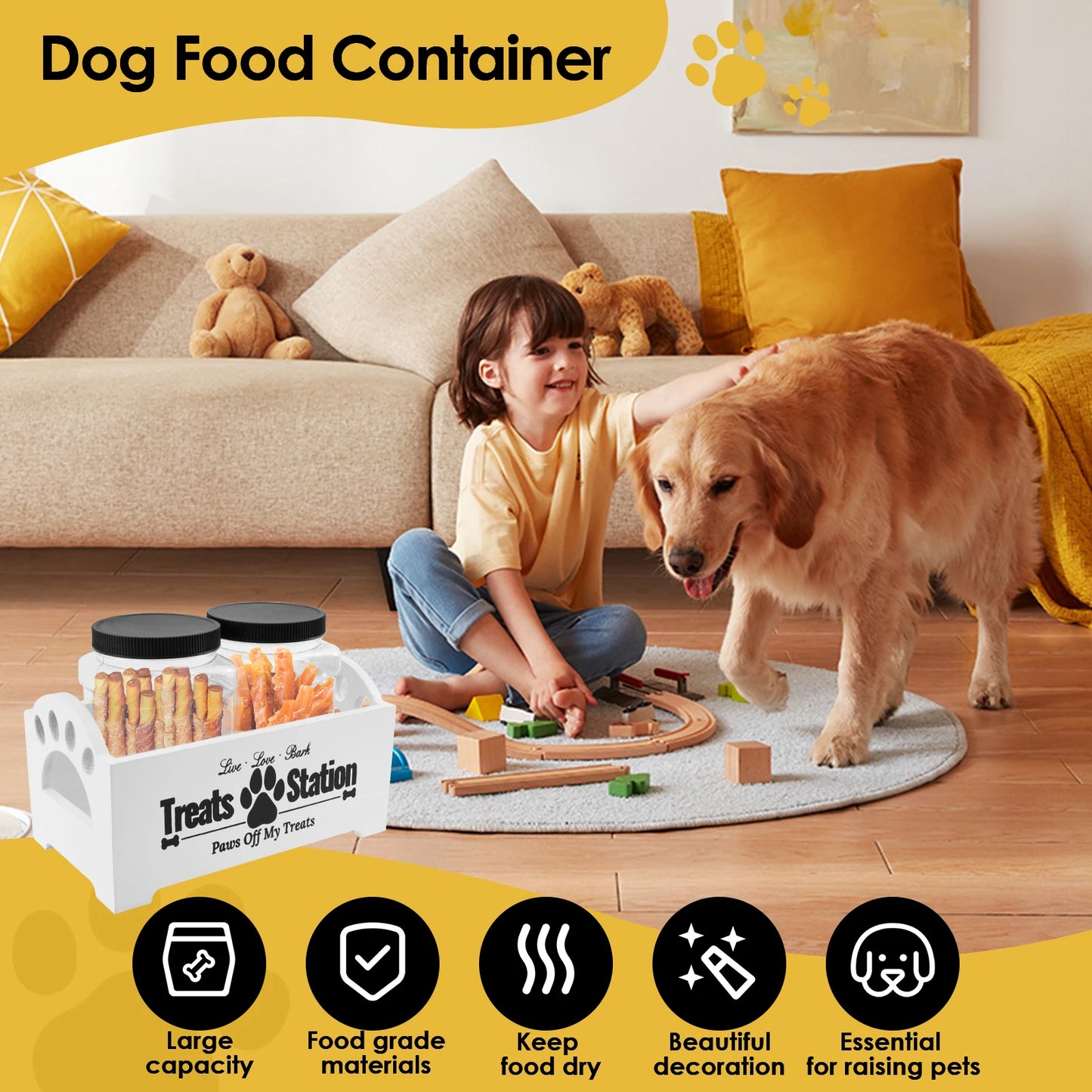 Wood Pet Food Storage Container with 2 Plastic storage Jars Large Capacity Pet Snack Storage Organizer For Dog Cookie Cat Treats