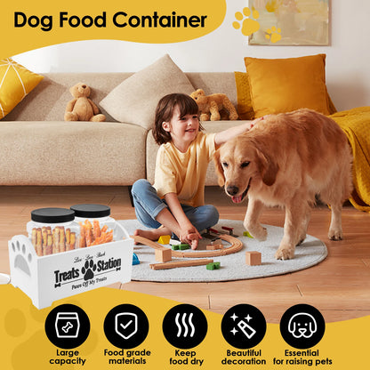 Wood Pet Food Storage Container with 2 Plastic storage Jars Large Capacity Pet Snack Storage Organizer For Dog Cookie Cat Treats