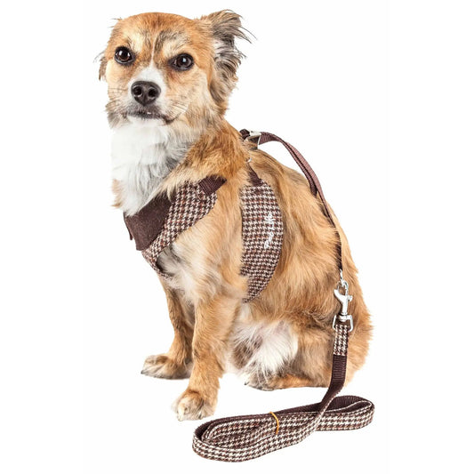 2-in-1 Adjustable Dog Harness & Leash Plaided Collared Mesh Reversible Pet Harnesses