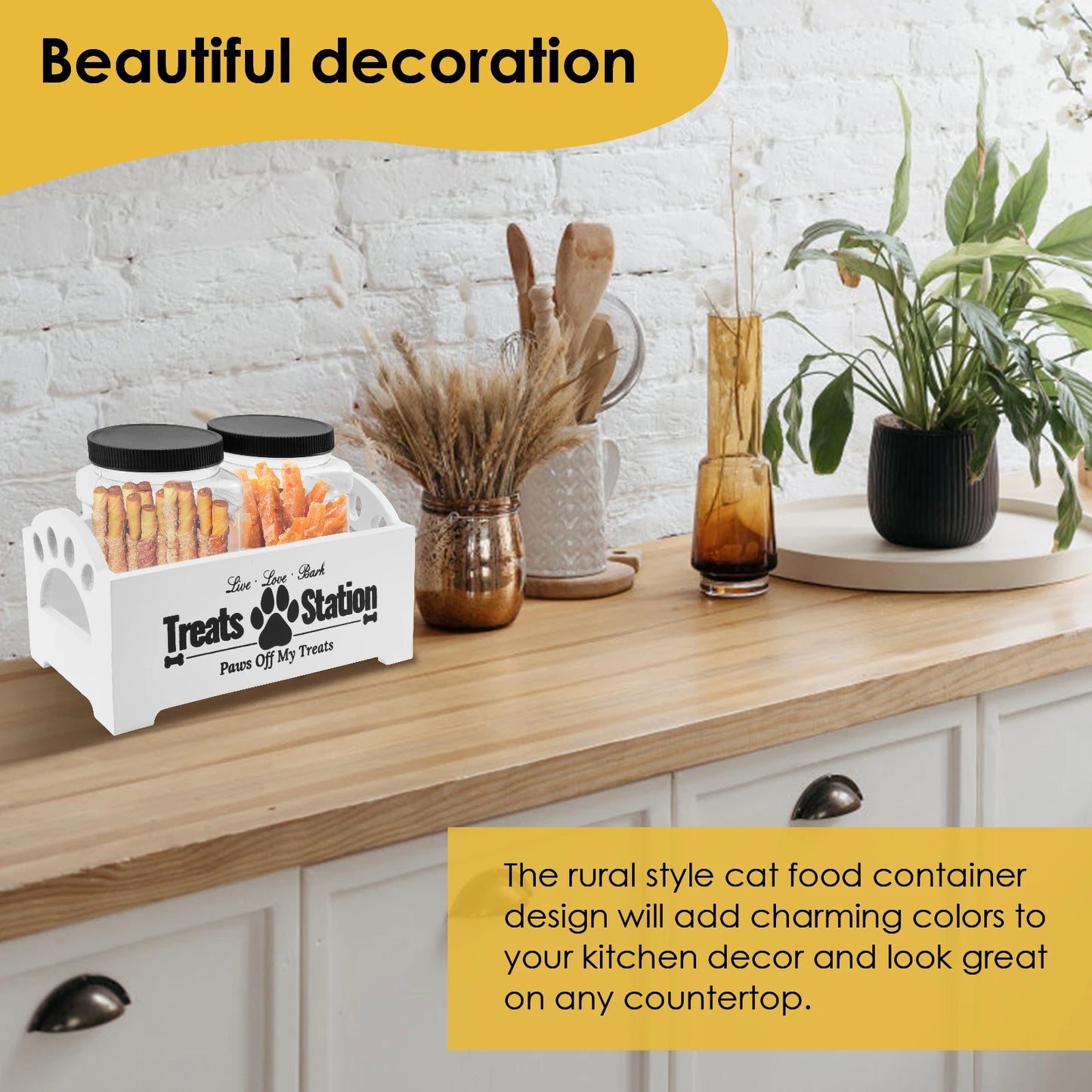 Wood Pet Food Storage Container with 2 Plastic storage Jars Large Capacity Pet Snack Storage Organizer For Dog Cookie Cat Treats