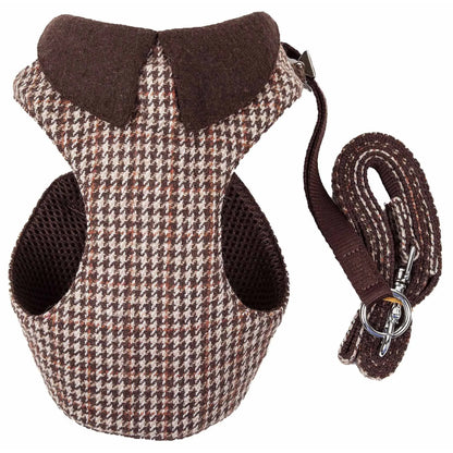 2-in-1 Adjustable Dog Harness & Leash Plaided Collared Mesh Reversible Pet Harnesses