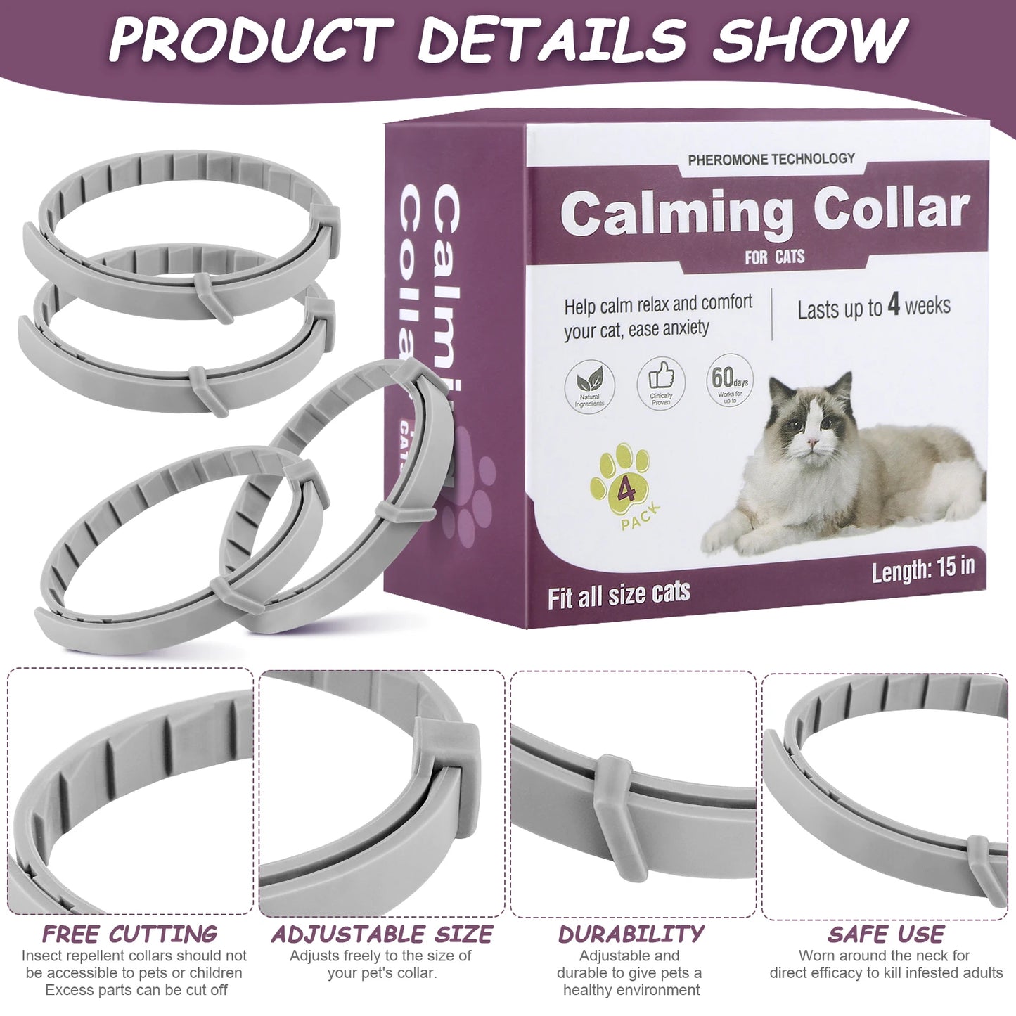 4/8PCS Dogs Calming Pheromone Collars Cats Relieve Anxiety Adjustable Comfortable Collar For Puppy Kitten Large Pets Accessories