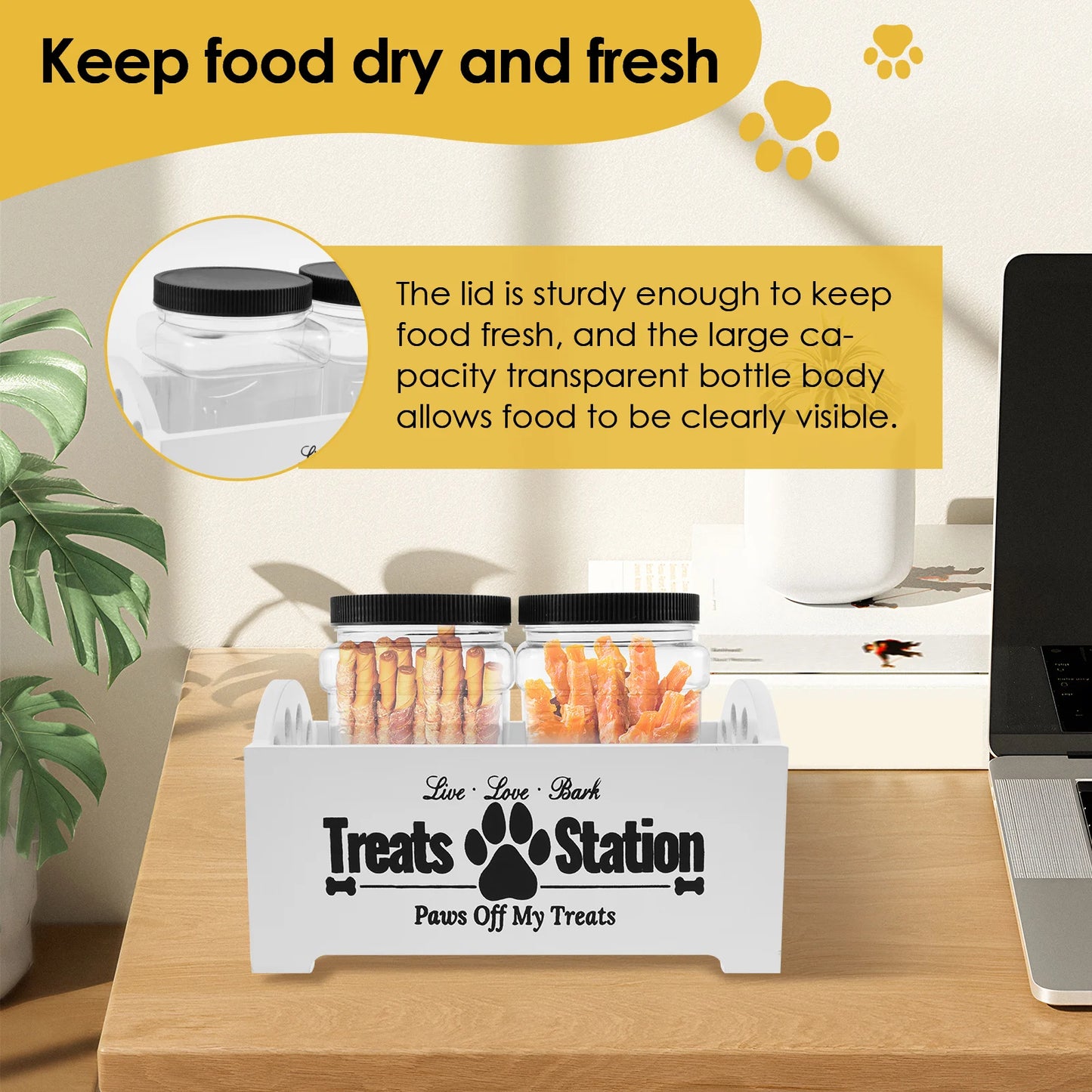 Wood Pet Food Storage Container with 2 Plastic storage Jars Large Capacity Pet Snack Storage Organizer For Dog Cookie Cat Treats