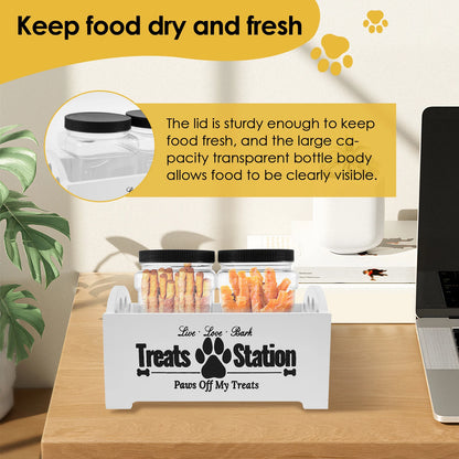 Wood Pet Food Storage Container with 2 Plastic storage Jars Large Capacity Pet Snack Storage Organizer For Dog Cookie Cat Treats