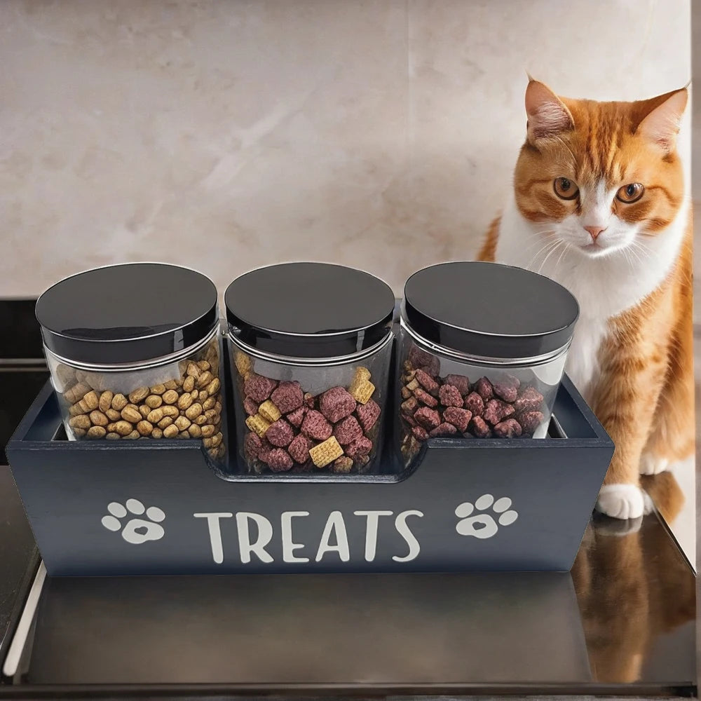 Pet Food Storage Container With Wood Holder And 3 Sealed Plastic Containers Pet Snack Storage Organizer For Dog Cat Storage