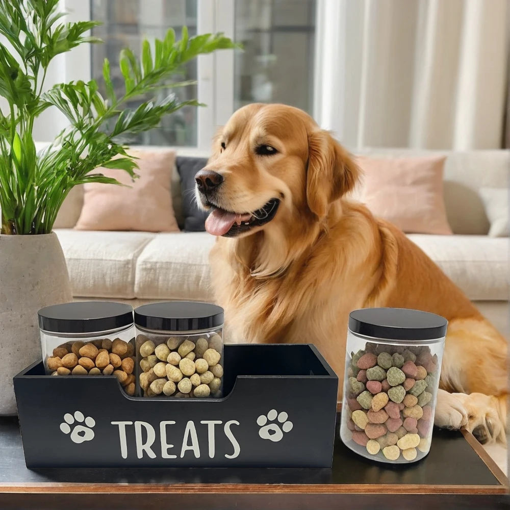 Pet Food Storage Container With Wood Holder And 3 Sealed Plastic Containers Pet Snack Storage Organizer For Dog Cat Storage