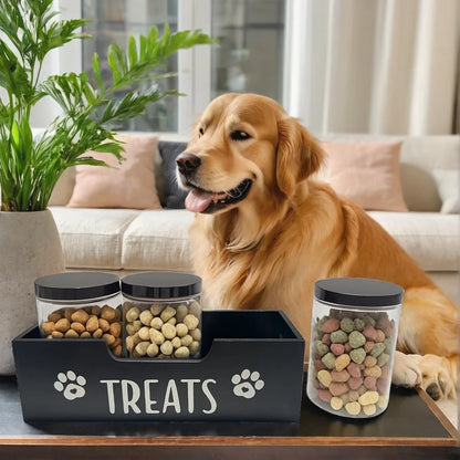 Pet Food Storage Container With Wood Holder And 3 Sealed Plastic Containers Pet Snack Storage Organizer For Dog Cat Storage
