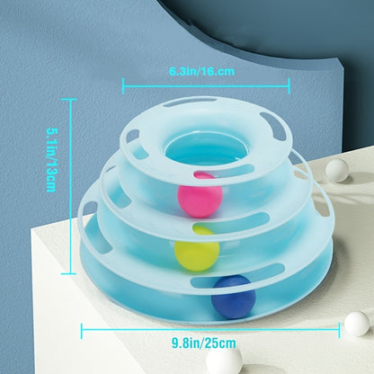 Interactive Cat Toy Tower with Rotating Balls - Durable Plastic Three-Level Track and Ball Play Structure, Entertaining and Stimulating Pet Activity Center, No Batteries Needed, Assorted Ball Colors