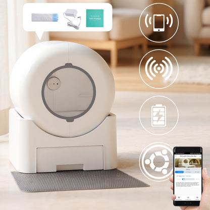 Smart Self-Cleaning Litter Box Pro 18.76gal XL Capacity - APP/WiFi Control, Odorless, Anti-Pinch Safety, Quiet, All Cat Litters Compatible, Includes Waste Bags and Mat, Suitable for Multi-Cat Homes, Quiet Pet Care, Sleek Pet