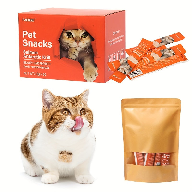 [Pet Pampering] Farmer's Delight Cat Treats - Chicken Egg Yolk, Salmon Krill, Tuna Mussel Flavors, 0.52oz Bags, 24/60pcs, Lickable & Squeezable, Nutritious Pet Snacks for Cats, Feline Rewards | Vibrant Packaging | Healthy Cat