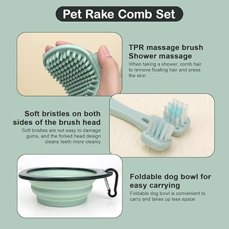 [8pcs Pet Grooming Kit] 8pcs LDECO Pet Grooming Kit for Dogs, Plastic Grooming Set, with Self-Cleaning Dematting Brush, Scissors, Comb, Nail Clippers, Foldable Bowl, Bath & Tooth Brushes, for Uncharged Pet Care Tools