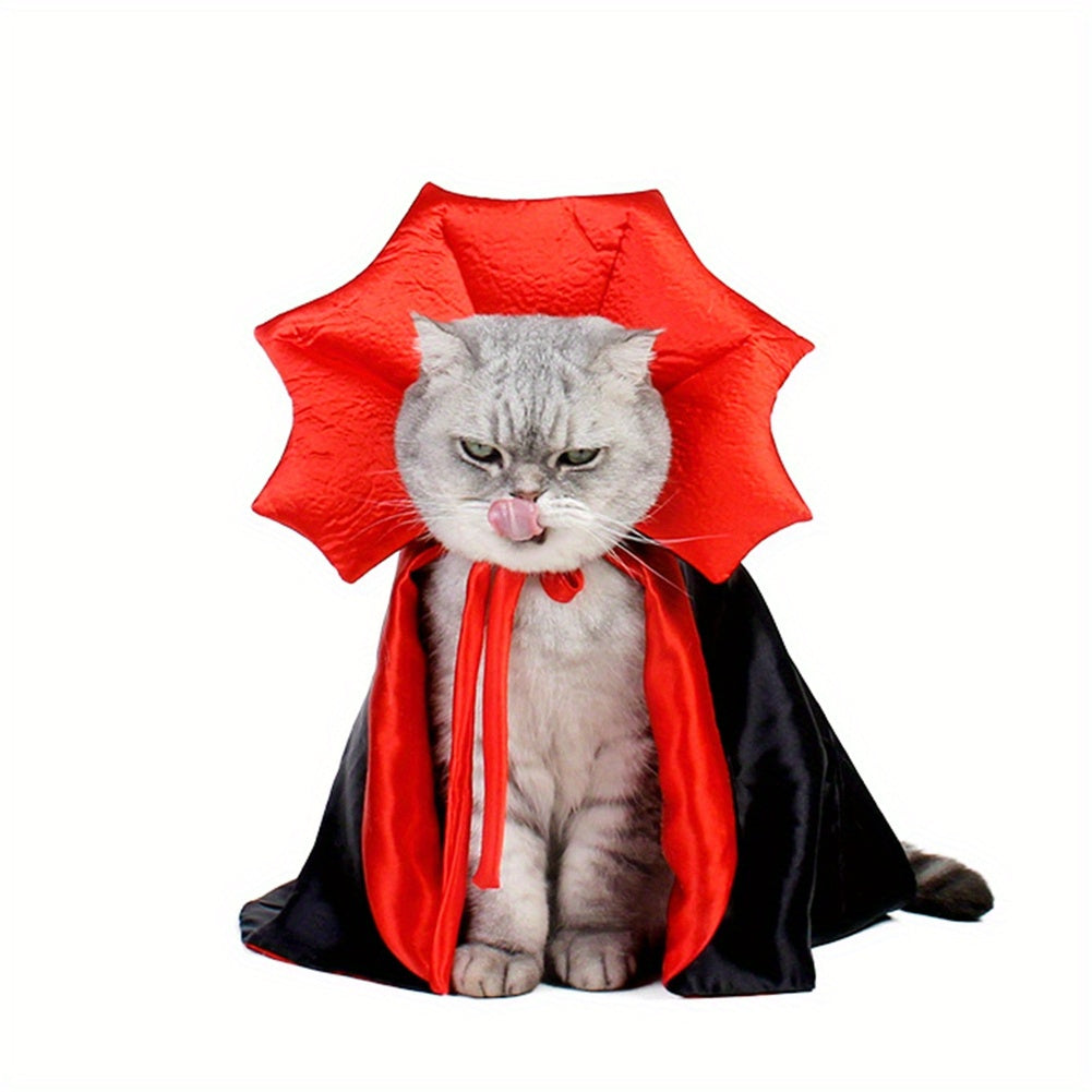 2pcs Halloween Pet Vampire Cloak Costume for Cats & Small Dogs - Fun and Comfortable Cosplay Outfit with Bat Wings, Red & Black Polyester Cape for Spooky Party Fun, Pet Halloween Costume | Vampire Cape Design | Comfortable Pe