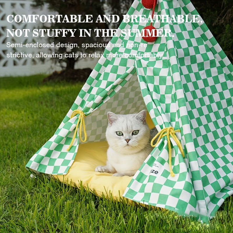 Zeze Cute Pet Tent Pet House Cat Nest Semi-closed Detachable Washable Mat Cat Bed Four Seasons Universal Cat Bed With Checkerboard Pattern
