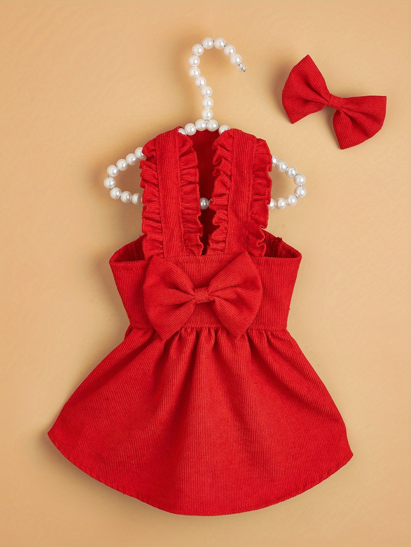 Adorable Red Corduroy Bowknot Dress for Small to Medium Dogs and Cats - All-Season Lightweight Pet Outfit with Matching Hair Clip, Perfect for Weddings, Christmas, and Special Occasions, Dog Dress