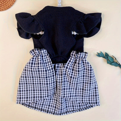 1pc Adorable Dog Pastoral Plaid Dress with Bow Bud & Flying Sleeves - Fashion Pet Skirt for Cats and Dogs - All Seasons Comfortable Clothing