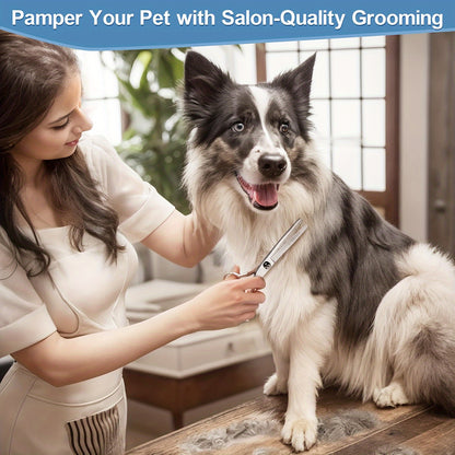 Professional Pet Grooming Scissors Set - Includes 1 x 6.5-inch Thinning Shears, 1 x 6.5-inch Curved Shears, 1 x 6.5-inch Straight Shears, 1 Pet Comb, 1 Cleaning Cloth, and 1 Black Case