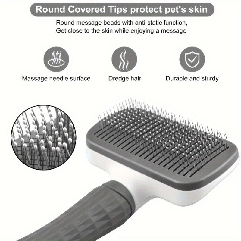 1pc Easy-Clean Dog & Cat Grooming Brush with One-Click Hair Removal, Plastic Handle & Gentle Massage Comb for Loose Fur - Detangling for All Pets, Dog Grooming Tools, Pet Care Accessory, Ergonomic Pet Accessory, Durable Pet P