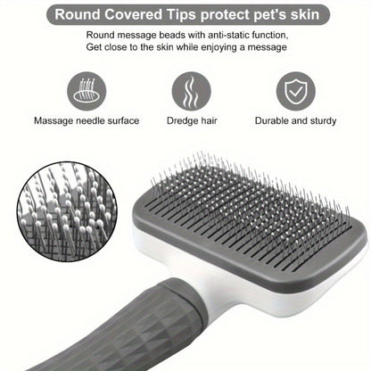 1pc Easy-Clean Dog & Cat Grooming Brush with One-Click Hair Removal, Plastic Handle & Gentle Massage Comb for Loose Fur - Detangling for All Pets, Dog Grooming Tools, Pet Care Accessory, Ergonomic Pet Accessory, Durable Pet P