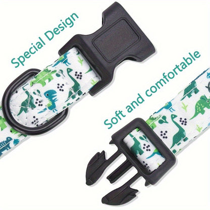 Dingke Dinosaur Print Dog Collar and Leash Set, Pet Supplies, Polyester Material, Comfortable Handle, Professional Climbing Rope, Rotatable Metal Hook, Protective Rubber Sleeve, Dog Walking Gear