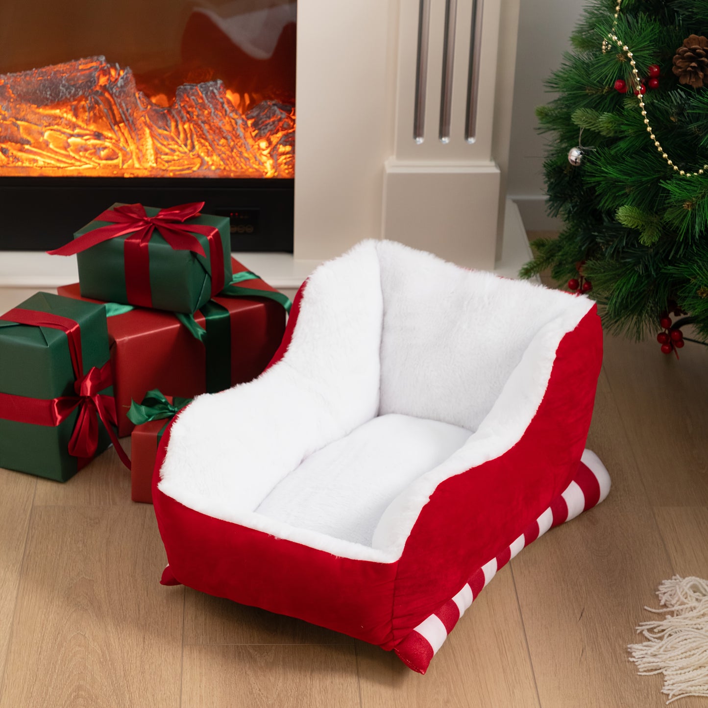 Christmas Sleigh Pet Bed - Red Velvet & Faux Fur, Breathable Soft Puppy & Kitten Bed with Santa Hat Design, Washable & Durable for Indoor/Outdoor Use - Perfect Holiday Gift for Dogs & Cats, Cat Lover Gifts
