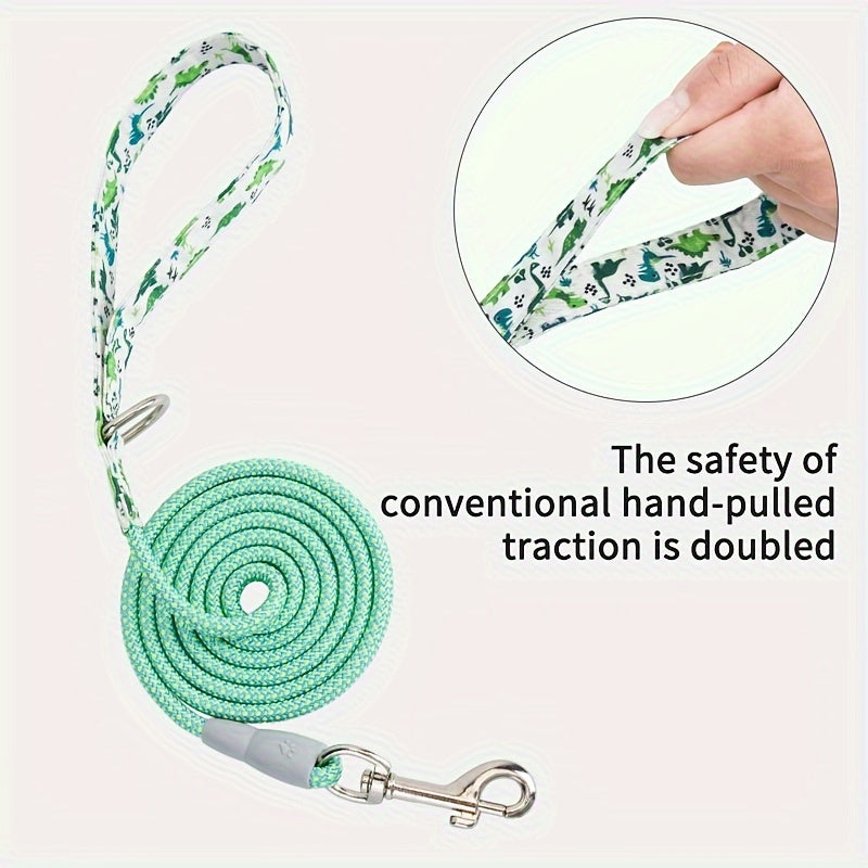 Dingke Dinosaur Print Dog Collar and Leash Set, Pet Supplies, Polyester Material, Comfortable Handle, Professional Climbing Rope, Rotatable Metal Hook, Protective Rubber Sleeve, Dog Walking Gear