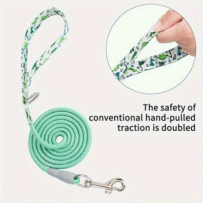 Dingke Dinosaur Print Dog Collar and Leash Set, Pet Supplies, Polyester Material, Comfortable Handle, Professional Climbing Rope, Rotatable Metal Hook, Protective Rubber Sleeve, Dog Walking Gear