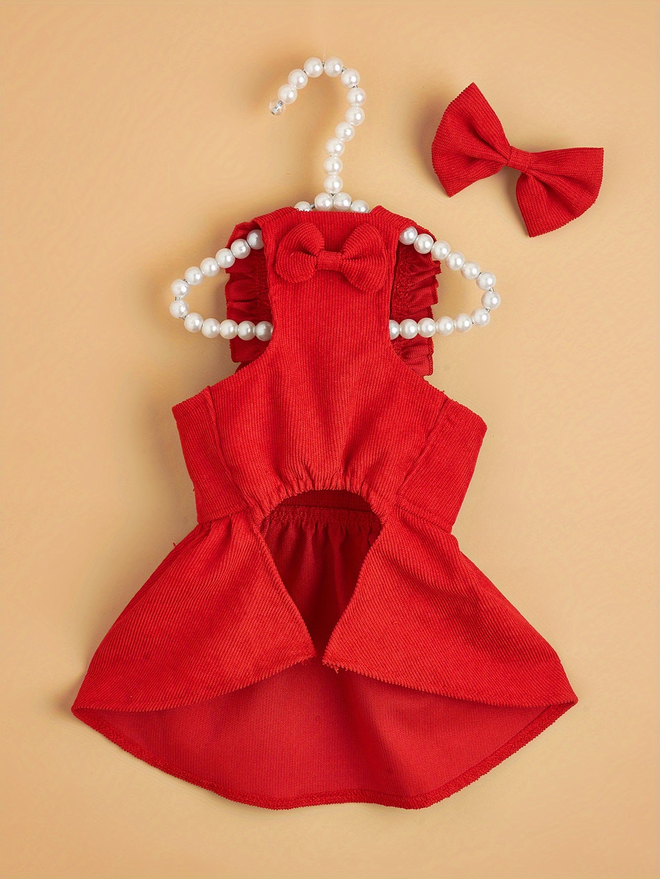 Adorable Red Corduroy Bowknot Dress for Small to Medium Dogs and Cats - All-Season Lightweight Pet Outfit with Matching Hair Clip, Perfect for Weddings, Christmas, and Special Occasions, Dog Dress