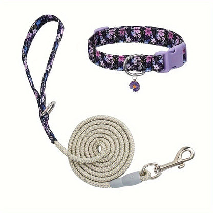 Dingke Dinosaur Print Dog Collar and Leash Set, Pet Supplies, Polyester Material, Comfortable Handle, Professional Climbing Rope, Rotatable Metal Hook, Protective Rubber Sleeve, Dog Walking Gear