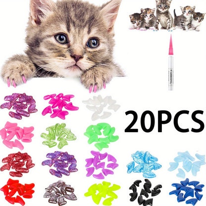 20/100pcs Vibrant Cat Nail Caps - Soft, Colorful, and Gentle Claws Covers with Easy-Apply Glue and Applicators for Safe and Stylish Pet Grooming