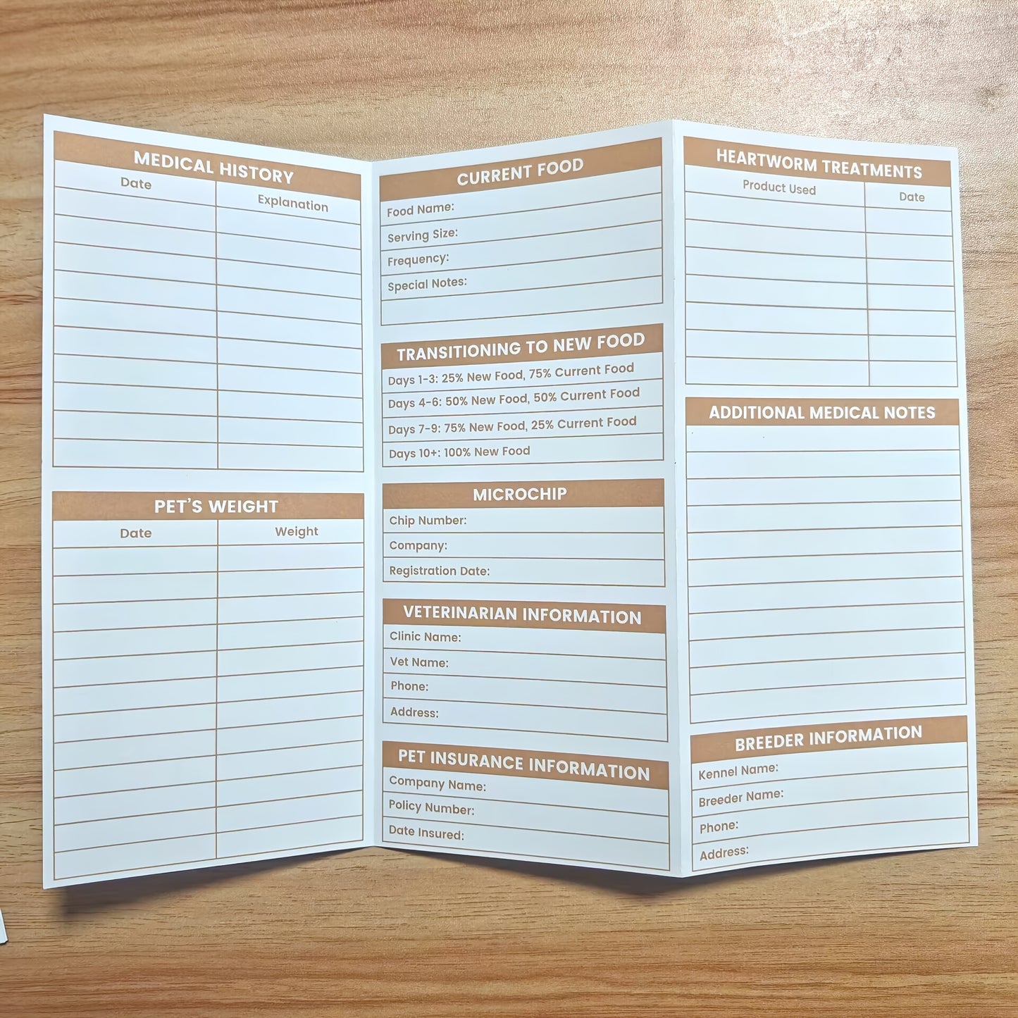 30-Pack Pet Health Record Sheets, Tri-Fold Vaccination & Information Sheets for Puppies & Cats, English Language, Paper Material, Durable Pet Care Documents